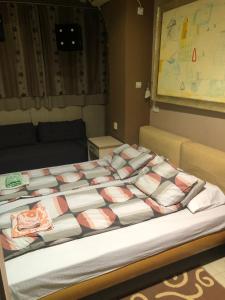a large bed with pillows on it in a room at Apartments Iva in Kragujevac