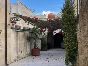 un callejón con flores rojas en el suelo y un túnel en Celi Blu Appartamento, en Lizzanello