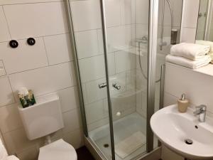 bagno con doccia e lavandino di Hotel Mirabell a Erlangen