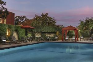 a swimming pool with chairs and umbrellas at USC Hotel in Los Angeles