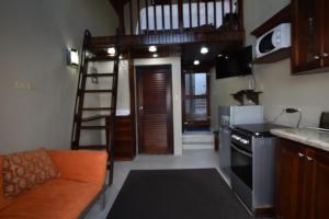 a living room with a loft bed and a kitchen at Shipwatcher Studio w/Mezzanine in Ocho Rios