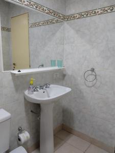 a bathroom with a sink and a mirror and a toilet at Avellaneda 1247 in Tandil +6 photos