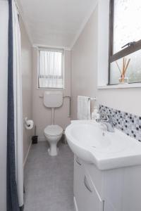 een witte badkamer met een toilet en een wastafel bij Quiet Boutique Generous Breakfast in Palmerston North