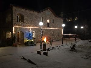 a building with a christmas tree in front of it at night at Petra & Elato Art Hotel in Valtessiniko