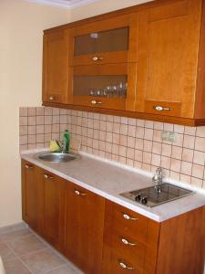 a kitchen with a sink and wooden cabinets at Bruckner Villa Apartman in Balatonfüred