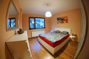 a bedroom with a bed and a large mirror at Апартамент "Forest view" в комплекс "Вели Хилс" in Velingrad