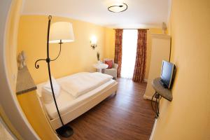 a small room with a bed and a television at HIRSCH 1783 Hotel LANDHAUS in Langenargen