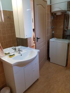 ein Badezimmer mit einem weißen Waschbecken und einem WC in der Unterkunft Dunakeszi Nap Apartman in Dunakeszi