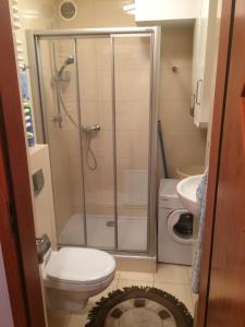 a bathroom with a shower and a toilet and a sink at APARTHOTEL KRYNICA in Krynica Zdrój