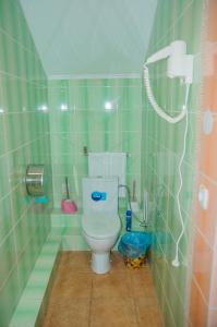 a bathroom with a toilet in a green tiled room at Hostel Stozhary in Ternopilʼ