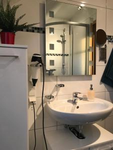 ein Bad mit einem Waschbecken und einem Spiegel in der Unterkunft Ferien-Whg Bellevue nähe Steinhuder Meer in Hagenburg