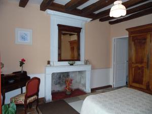 a bedroom with a fireplace and a mirror and a bed at La Ferme Du Luc in Le Chêne