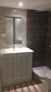 een badkamer met een wastafel, een spiegel en een toilet bij Nid Douillet pour 2 in Sfax