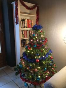 a christmas tree with lights and ornaments on it at Appartement Orion in Colmar +9 photos