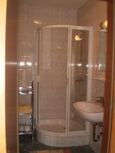 La salle de bains est pourvue d'une douche et d'un lavabo. dans l'établissement Gasthof-Pension Strassreith, à Werfenweng