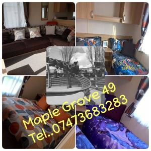 een collage van foto's van een woonkamer en een slaapkamer bij Flamingo land le maple grove caravan hire in Kirby Misperton