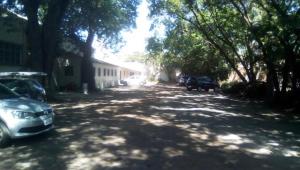 a dirt road with cars parked in a yard with trees at Roll Inn Hotel in Uruguaiana