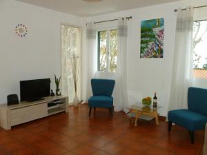 a living room with two blue chairs and a tv at Apartment Alameda with Sea View in Machico