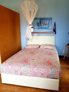 a bedroom with a bed with a curtain above it at Studio Mira Mare in Sal Rei