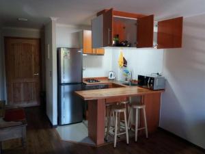a kitchen with a counter and a refrigerator at Departamento Pucon in Pucón