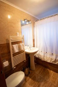 a bathroom with a sink and a toilet and a mirror at Departamentos Costanera in Punta Arenas