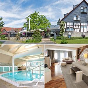 a home with a swimming pool and a house at Hotel An der Wasserburg in Wolfsburg