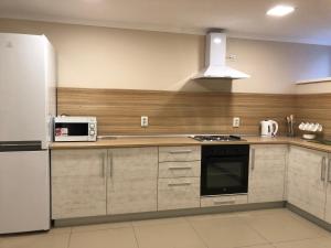 a kitchen with a white refrigerator and a microwave at Shutka home spirit in Yaremche