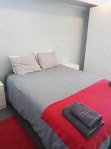 um quarto com uma cama com um cobertor vermelho em WindRose 0 em Madri