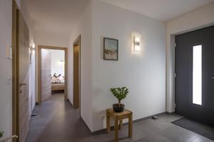 a hallway with a door and a potted plant on a table at Appartement de Jager in Söll