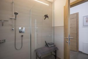 a bathroom with a shower with a glass door at Appartement de Jager in Söll