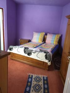 uma pequena cama num quarto com paredes roxas em Pensiunea Adelaida em Gura Riului