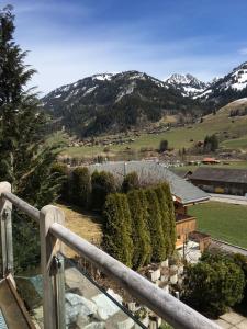 a view of a house with trees and snow covered mountains at Eggetli in Zweisimmen