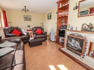 a living room with leather furniture and a fireplace at Ocean Heights in Coomhola Bridge