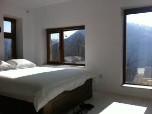 a bedroom with a bed and two windows at Borislav's Farmhouse in Ogled +4 photos