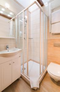 ein Bad mit einer Dusche, einem WC und einem Waschbecken in der Unterkunft Honti Panzió in Visegrád