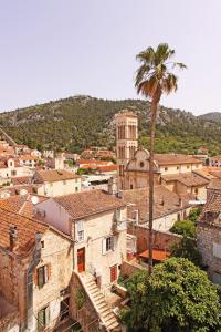 a view of a city with a palm tree and buildings at Vila Maria Old Town Hvar in Hvar