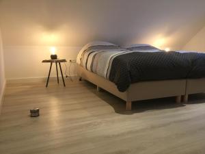sypialnia z łóżkiem i stołem z lampką w obiekcie De Fugelsang w mieście Jonkersland