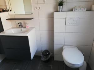 a small bathroom with a toilet and a sink at Residenz Belair Schmidt in Dorum Neufeld +23 photos