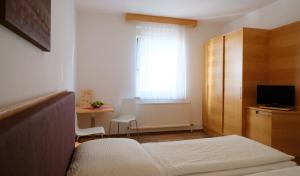 a bedroom with a bed and a tv and a window at Weingut & Gästezimmer Nekowitsch in Illmitz
