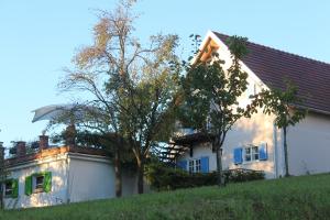 Una casa blanca con un árbol delante. en Burgunderhof - Steiermark, en Sankt Anna am Aigen