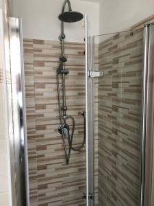 a shower in a bathroom with a wooden wall at L'ago nel pagliaio in Turbigo