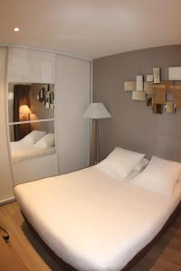 ストラスブールにあるLes Dentelles - Appartement meublé design Petite Franceのベッドルーム(大きな白いベッド1台、鏡付)