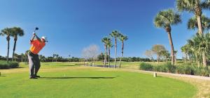 a man swinging a golf club on a golf course at GreenLinks Golf View Villa Mustang at Lely Resort in Naples