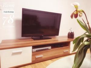 einen TV auf einem Holzständer im Wohnzimmer in der Unterkunft Ban Amarita in Laufen