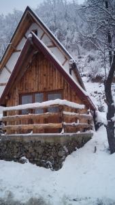a log cabin in the snow at StaroplaninSki Apartments in Crni Vrh