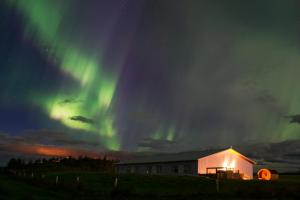 an image of the aurora borealis over a building at Lambastadir Guesthouse in Selfoss