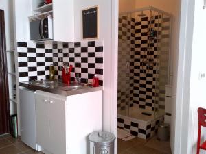 una pequeña cocina con lavabo y ducha en Le Studio des Artistes, en Marsella