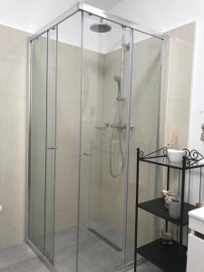 a shower with a glass enclosure in a bathroom at Versus Art Studio in Braşov