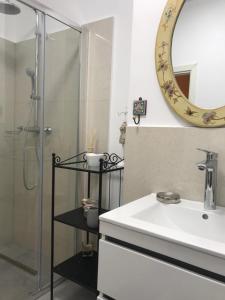 a bathroom with a sink and a mirror and a shower at Versus Art Studio in Braşov