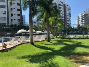 a park with palm trees and umbrellas in a city at Flat lindo a 120 metros da praia de Riviera de São Lourenço até 4 pessoas in Bertioga